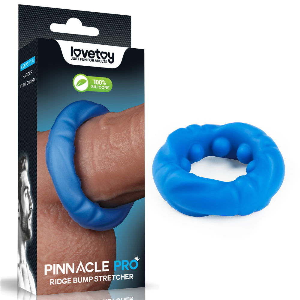 Blue silicone cock ring with ridge bumps shown on packaging and product