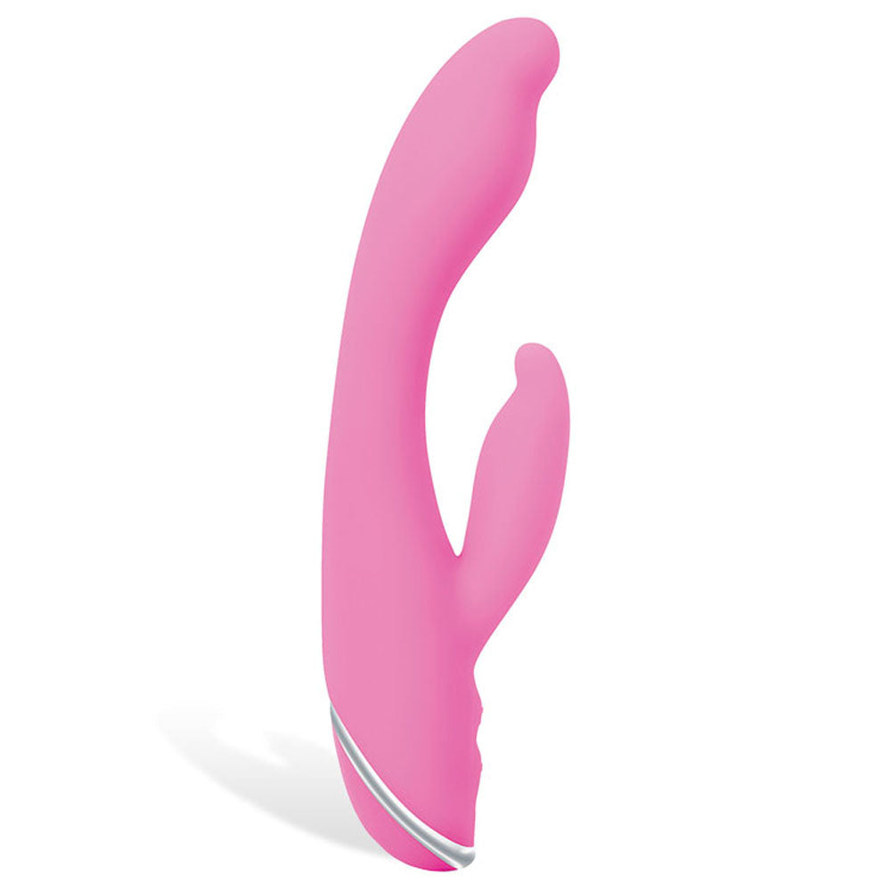 Pink rabbit vibrator with dual stimulation shaft and clitoral arm, featuring a sleek curved design and silver control panel