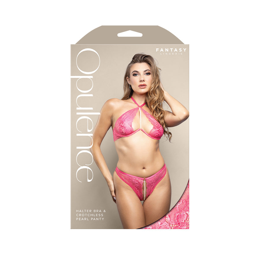 OPULENCE Halter Bra & Crotchless Pearl Panty ML - Pink - M/L Size