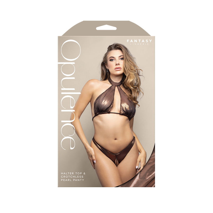 OPULENCE Halter Top & Crotchless Pearl Panty SM - Chocolate - S/M Size
