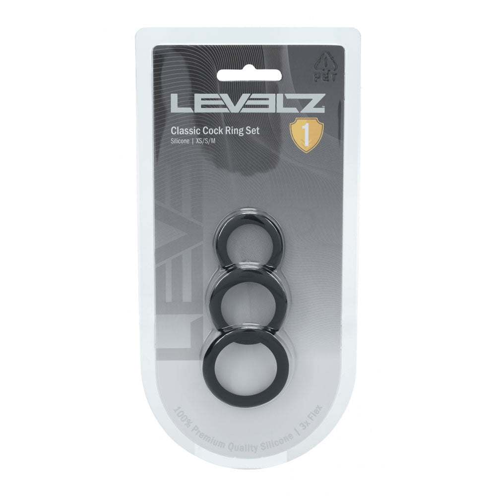 LEVELZ Classic Silicone Cock Ring Set - XS/S/M - Black Cock Rings - Set of 3 Sizes