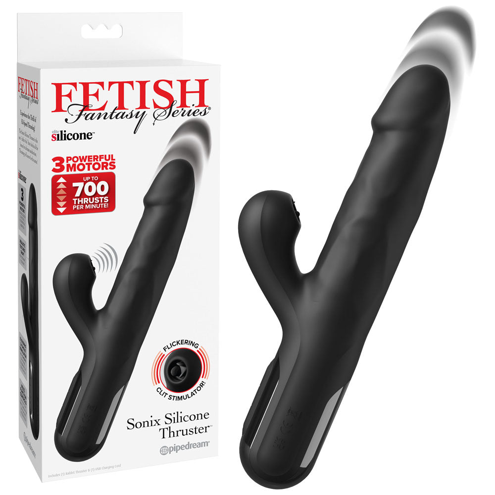 FFS Sonix Silicone Thruster - Black 22 cm USB Rechargeable Thrusting Vibrator with Flicking Clit Stim