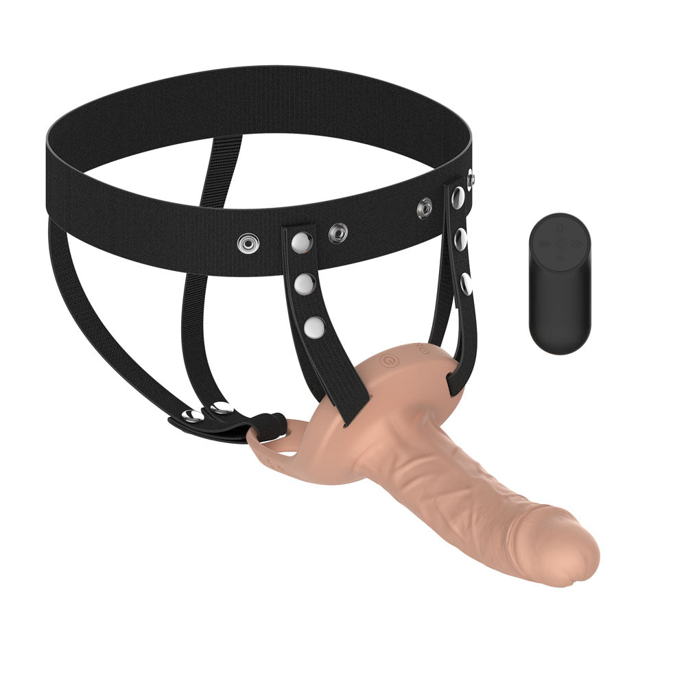 Passion Play Vibrating Realistic Hollow Strap-On - Flesh - Flesh 15.5 cm USB Rechargeable Vibrating Hollow Strap-On with Wireless Remote