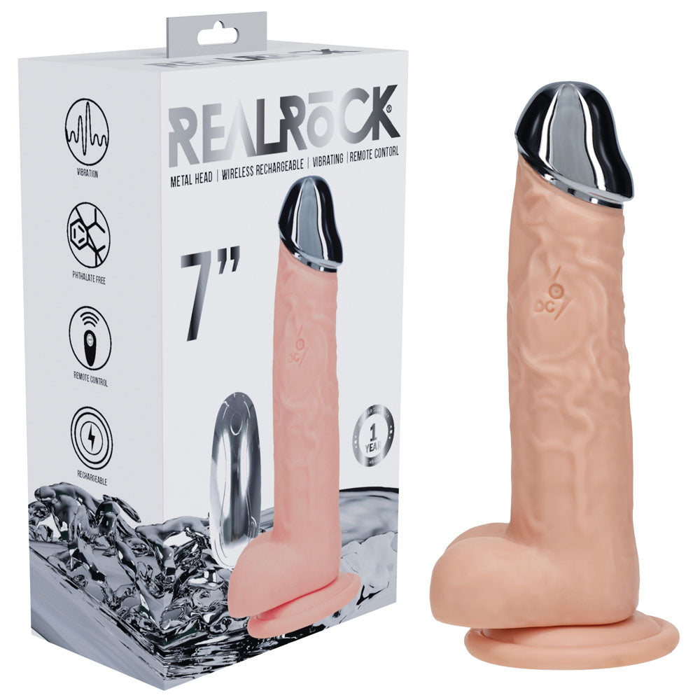 REALROCK Metal Head 7'' Rechargeable Dildo - Flesh - Flesh 19 cm USB Rechargeable Vibrating Dildo with Metal Head and Wireless Remote