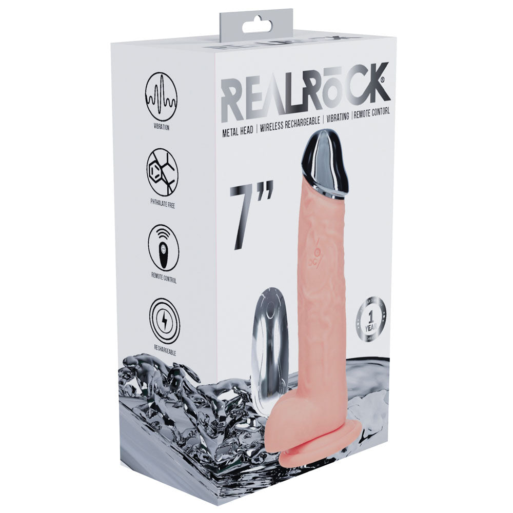 REALROCK Metal Head 7'' Rechargeable Dildo - Flesh - Flesh 19 cm USB Rechargeable Vibrating Dildo with Metal Head and Wireless Remote