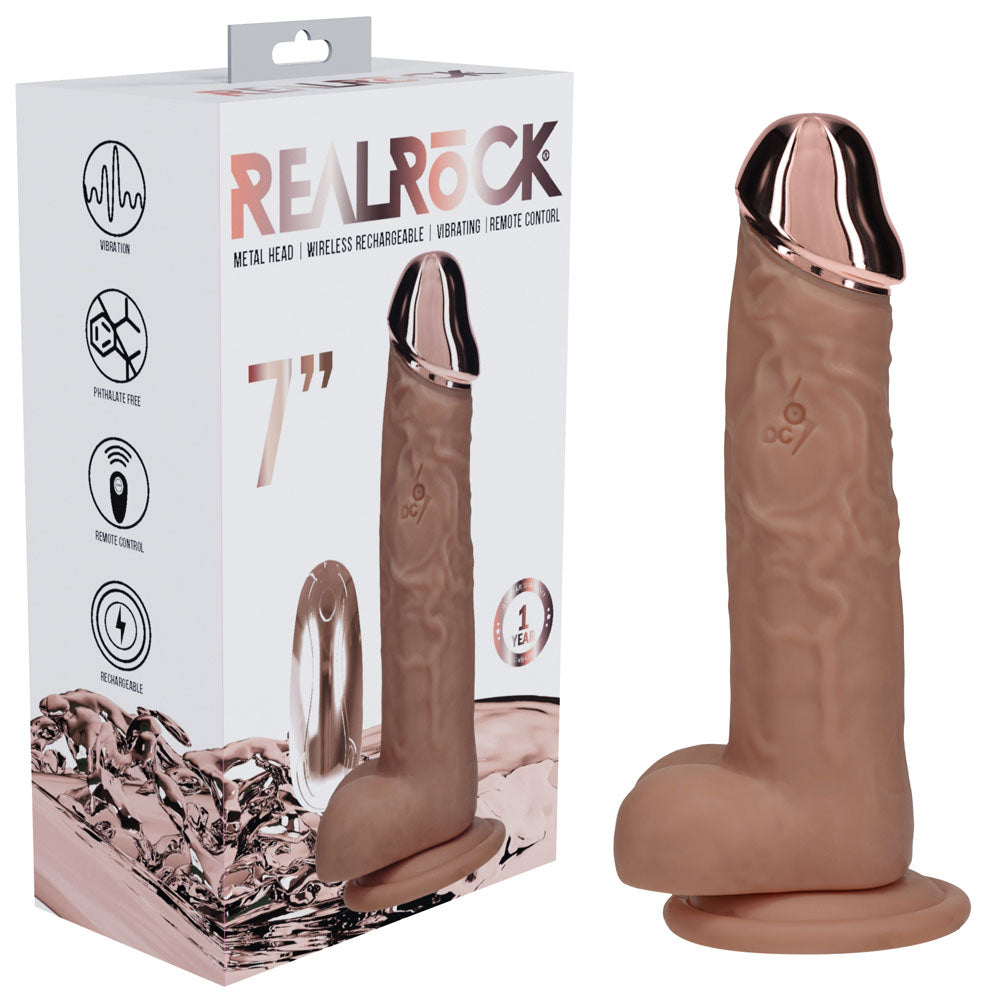 REALROCK Metal Head 7'' Rechargeable Dildo - Tan - Tan 19 cm USB Rechargeable Vibrating Dildo with Metal Head and Wireless Remote