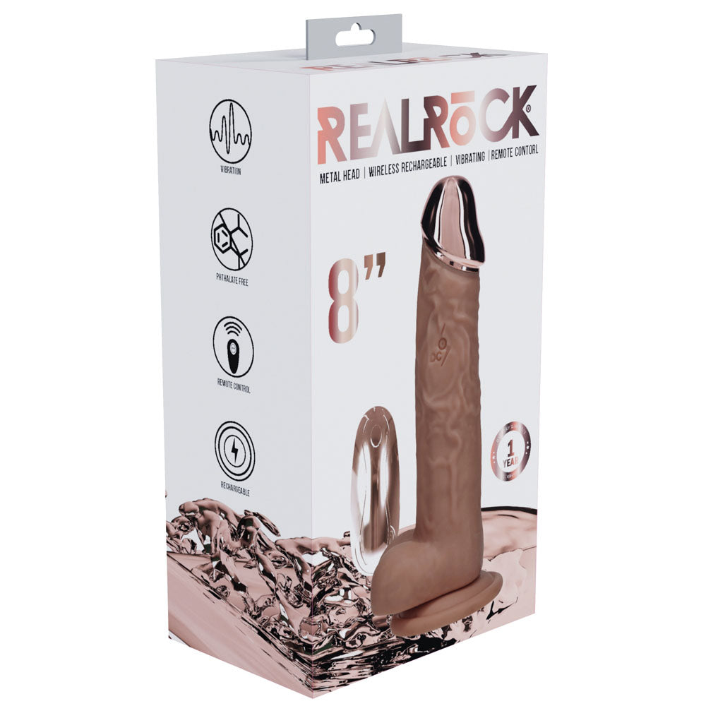 REALROCK Metal Head 8'' Rechargeable Dildo - Tan - Tan 22 cm USB Rechargeable Vibrating Dildo with Metal Head and Wireless Remote