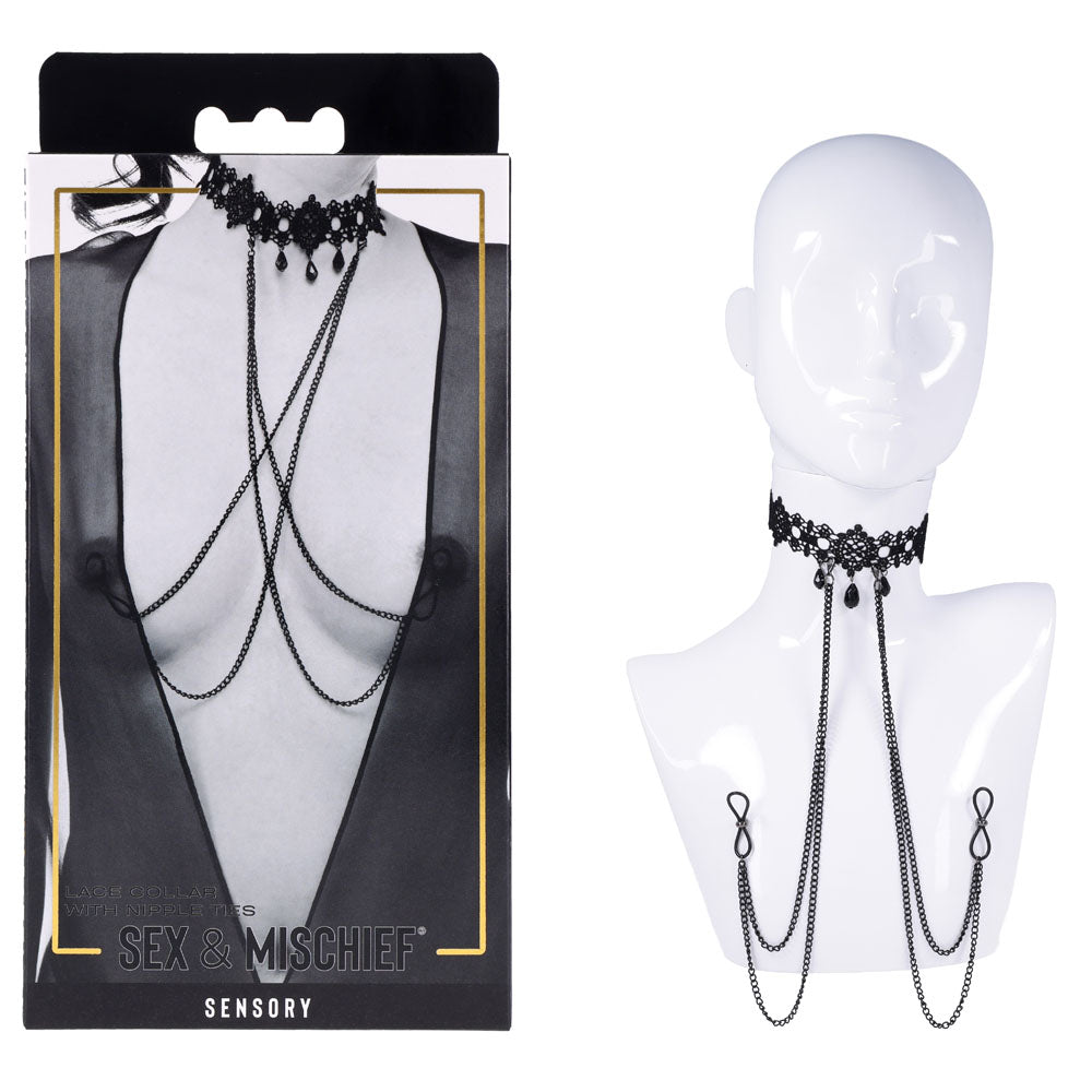 Sex & Mischief Lace Collar with Nipple Ties - Black Neck and Nipple Restraints