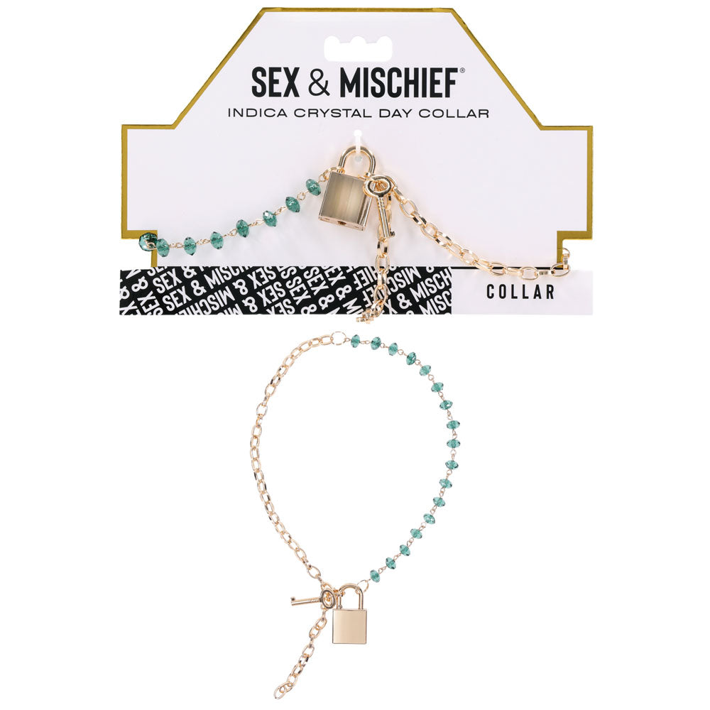 Sex & Mischief Indica Crystal Day Collar - Gold/Emerald Lockable Collar