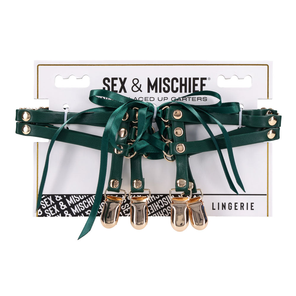 Sex & Mischief Indica Laced Up Garters - Green/Gold Garters - Set of 2